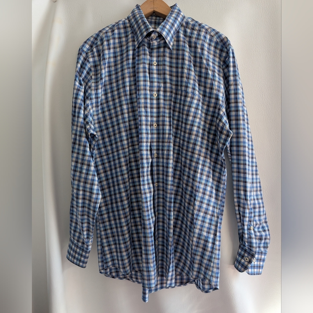Peter Millar Cotton Blue Brown Plaid Button Down Long Sleeve Shirt - Large